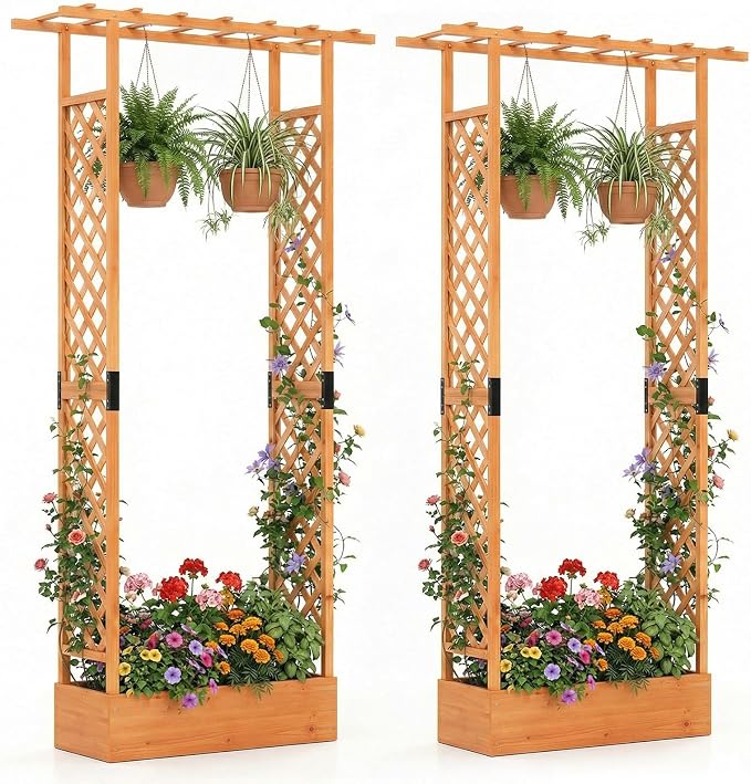 Giantex Wooden Raised Garden Bed with Trellis & Hanging Roof, 2 Pack Fir Wood Planter Box, 89” Freestanding Elevated Garden Bed for Outdoor Climbing Plants Vegetables Flowers, Patio & Balcony, Orange