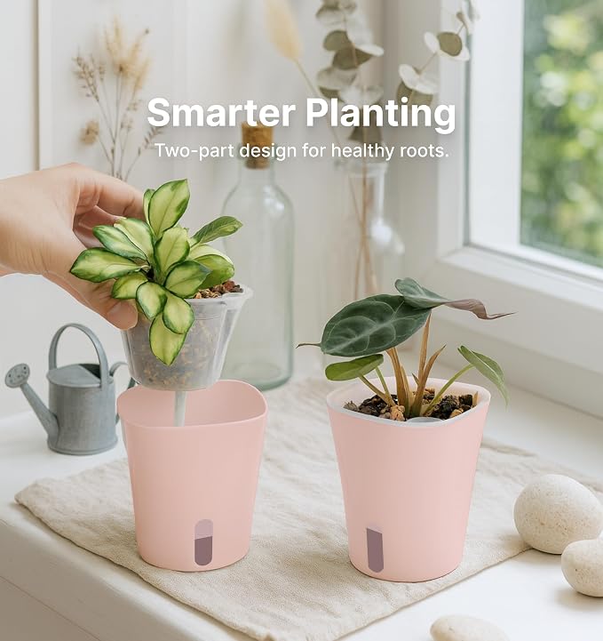 10 Pack 3" Self Watering Pots for Indoor Plants, Clear Inner Cup, Small Pink Plastic Planters, Water Level Indicator, Drainage Holes, Extra 3ft Wick, Cuttings,Seedlings,Herb,African Violet