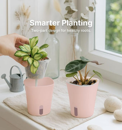 10 Pack 3" Self Watering Pots for Indoor Plants, Clear Inner Cup, Small Pink Plastic Planters, Water Level Indicator, Drainage Holes, Extra 3ft Wick, Cuttings,Seedlings,Herb,African Violet