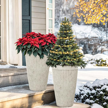 2-Pack 20" Vintage Ivory Resin Tall Planters with Fluted Texture | Set of 2 resin tall planters with fluted texture, drainage plugs, and UV-resistant finish for porch, patio, or garden.