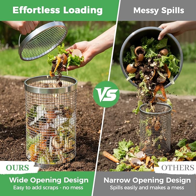 2 Pack Worm Composter Worm Bin, Stainless Steel Inground Compost Bin with Handle, Metal Worm Composting System for Kitchen Food Waste Recycling, Outdoor Garden Vermicomposting Bin w/Lid, Easy Install
