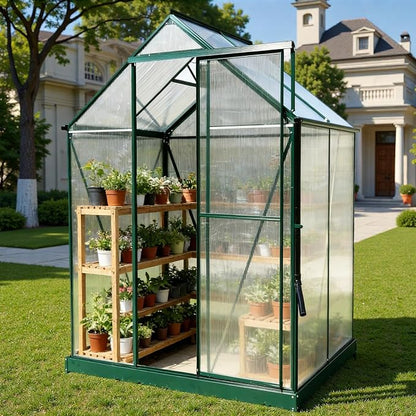6x4 FT Greenhouse, Walk-in Polycarbonate Greenhouse, Heavy Duty Aluminum Outdoor Green House Kit with Sliding Door, Roof Vent, Rain Gutter for Backyard Garden All Season Growing, Green