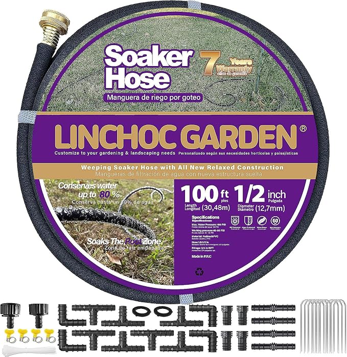 LICNCHOC GARDEN Soaker Hose 100ft,1/2 INCH Flexible Durable Garden Hose for Efficient Watering, Leak-Proof Design 100% Recycled Rubber,Ideal for Lawns,Gardens & Flower Beds