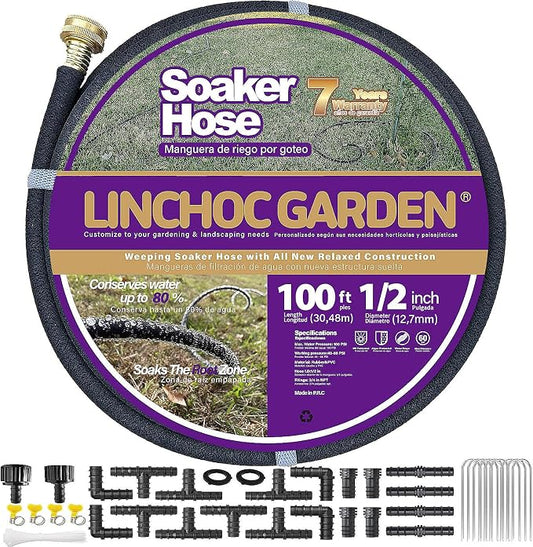 LICNCHOC GARDEN Soaker Hose 100ft,1/2 INCH Flexible Durable Garden Hose for Efficient Watering, Leak-Proof Design 100% Recycled Rubber,Ideal for Lawns,Gardens & Flower Beds