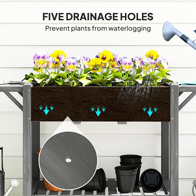 Outsunny Raised Garden Bed, 57 x 20.5 x 34 in Wood Elevated Planter Box with Lockable Wheels, Side Tables and Bottom Shelf, Outdoor Raised Planter with Bed Liner and Drainage Holes, Gray