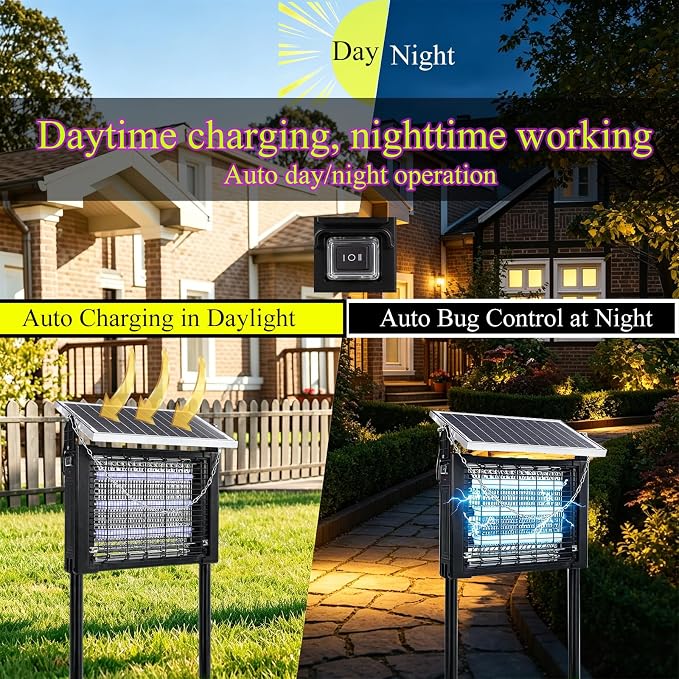 Solar Bug Zapper Outdoor, Waterproof High Powered 4500v, Electric Mosquito Killer Rechargeable Mosquito Zapper Fly Trap for Terrace Garden Backyard, Patio Rv Camping Pond Pest Control