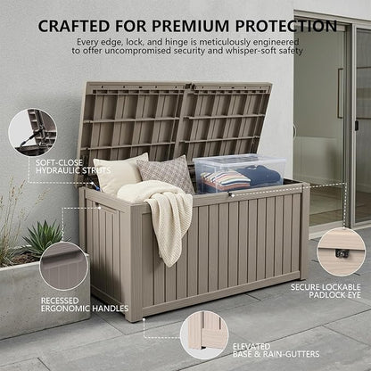 Outdoor Storage Box, 200 Gallon Waterproof Deck Box [Upgraded 3.0], Premium Hydraulic Cushion Storage Chest, High-Load Lockable Two-Seater Patio Storage Bench, Large Country Estate, Grey
