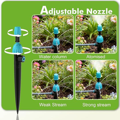 172FT Drip Irrigation System Kit with 2 Zone Water Timer,1/2" High-Flow Mainline Automatic Watering System,26PCS 360°Adjustable Nozzles,6-Way Fast-Plug Irrigation Kit for Agricultural Yard,Lawn