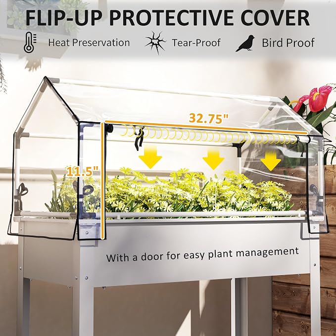 Outsunny Raised Garden Bed with Flip-Up Greenhouse Cover, Elevated Planter Box with Legs and Drainage Hole for Vegetables Flowers Herbs, 39.4" x 18.9" x 48.8", White