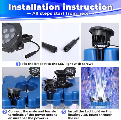 Pond Fountain Aerator with Lights,Floating Fountain for Outdoor Large Ponds | AC110V 1HP 750W with 15000 GPH RGB Light Aeration Aerating Fountain Pump for Outdoor Ponds & Lakes with 15A/100FT Power Cord