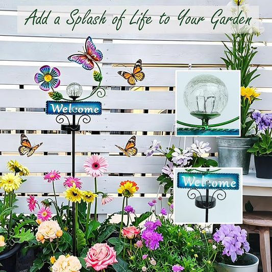 Butterfly Garden Decorations for Outside, Solar Waterproof Stake Lights with Welcome Sign for Yard Lawn Patio Pathway, Warm Gifts for Mom Grandma Housewarming (Butterfly)
