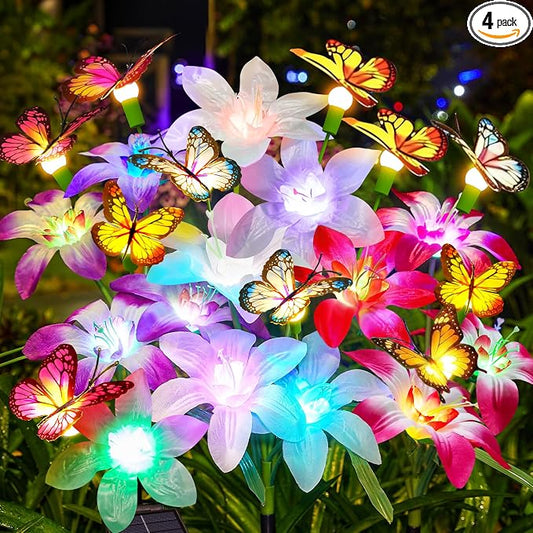 Garpar Solar Flower Lights Outdoor 4 Pack, 16 Lilies and 12 Butterflies | 800mAh Battery, Brighter LED, IP65 Waterproof, Color Changing, Perfect for Yard, Lawn, Pathway, Gift for Mom, Women, Grandma