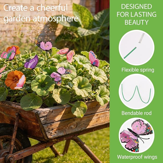 30PCS Pink Butterfly Decor Fake Butterfly Garden Picks for Outdoor Decor | 3D Double Layer Waterproof Butterfly Decorative Garden Stakes for Flower Arrangements Outdoor Indoor Spring Garden Decor