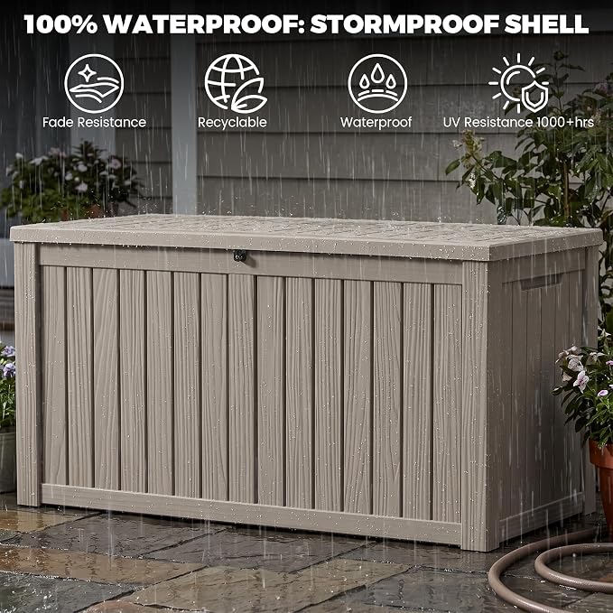Outdoor Storage Box, 180 Gallon Waterproof Deck Box [Upgraded 3.1], Large Resin Storage with Hydraulic Gas Lifts for Cushions, Lawn Mower Tools Chest Bench, Large Backyard, Grey