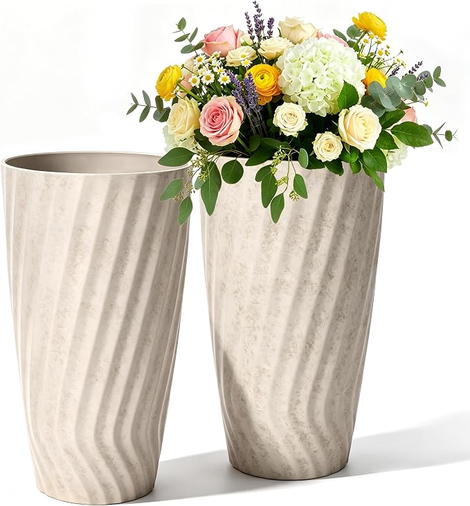 24" Vintage Ivory Marble-Textured Tall Planters Set of 2 | Handmade Marble-Textured Resin-Stone Pots with UV-Protected Weather Resistance for Front Porch, Patio, Garden, or Indoor Use