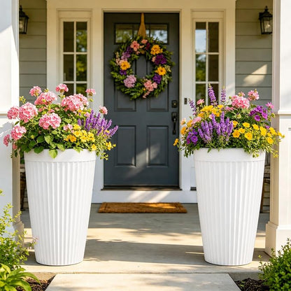 Autodaya 20" Tall Fluted Resin Planters Set of 2 with Drainage Holes | High-Density Weather-Resistant Resin Pots For Indoor and Outdoor Plants, Patio, Garden, Porch, Living Room, Ideal for Gifting