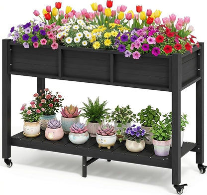 DWVO Raised Garden Bed HDPE with Wheels & Legs, 47x18x31in Weather-Resistant Poly-Wood Elevated Planter Box Outdoor, Double Tier Planters for Patio Balcony Backyard, Black