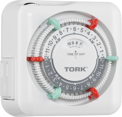 NSi Industries TORK RTN112 Indoor 15-Amp Plug-in Mechanical Appliance Timer 24-Hour Programming – GREEN & RED Trippers TWO Receptacles White