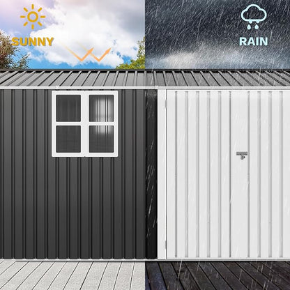 DWVO 12x8ft Metal Outdoor Storage Shed with Window, Lockable Tool Storage Sheds, Oversized Steel Garden Sheds with Sloped Roof for Backyard, Patio, Garage, Lawn, Gray & White