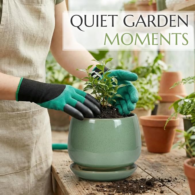 10.3 Inch Flower pots for Indoor Outdoor Plants with Saucer Drainage Leak-Proof Mesh, Ceramic Planter with Gardening Gloves for Succulent and Flower (Crackled Green)