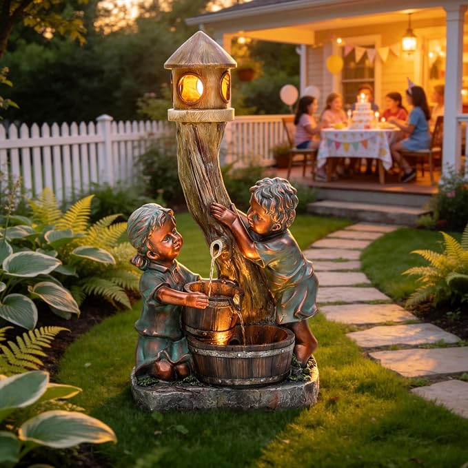 AUTODAYA 31" Boy and Girl Outdoor Fountain LED 3-Tier Cascading Waterfall | hand-painted bronze, nostalgic barrel and children design, patio yard Porch Garden