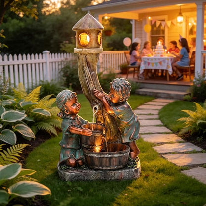 AUTODAYA 31" Boy and Girl Outdoor Fountain LED 3-Tier Cascading Waterfall | hand-painted bronze, nostalgic barrel and children design, patio yard Porch Garden