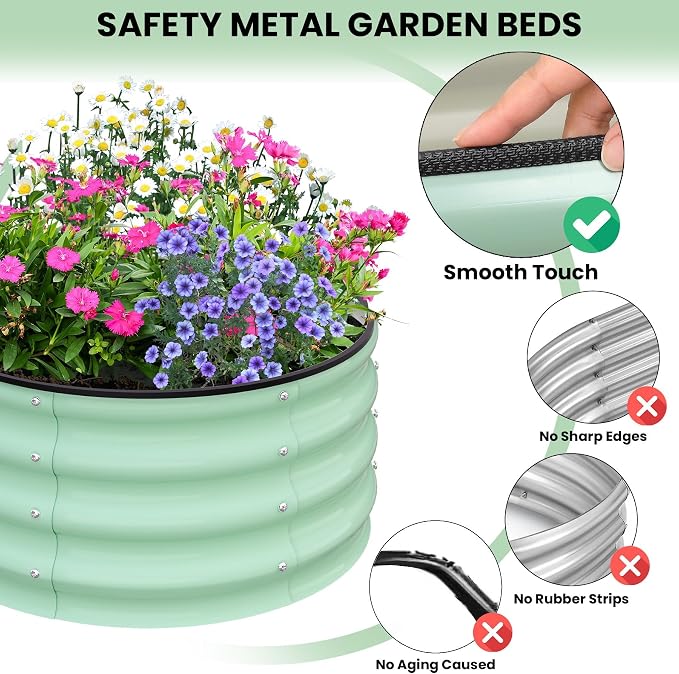 Garvee Galvanized Raised Garden Bed, 2Pcs Raised Garden Beds Outdoor, Round Planter Raised Beds with Gloves and Rubber Edge Trim for Vegetables, Flowers and Herbs, 3x3x1 FT, Green