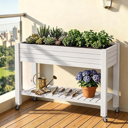 Elevated Resin Raised Garden Bed, 33.7in Height Raised Planter Box with Drainage Holes, Lockable Rotating Wheels & Bottom Storage Shelf, Stake Support, Easy Assembly for Patio Lawn Backyard Balcony