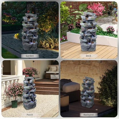 Rock Waterfall Outdoor Fountain with LED Lights, Tiered Resin Garden Water Fountain with Pump, Cascading Stone Look Water Feature for Patio Lawn Backyard Porch Decor