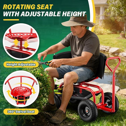 Baotree Garden Seat with Wheels, Rolling Garden Stool with Adjustable 360°Swivel Seat, Storage Basket & Extendable Handle, Outdoor Gardening Scooter, Garden Cart Workseat Stools for Seniors
