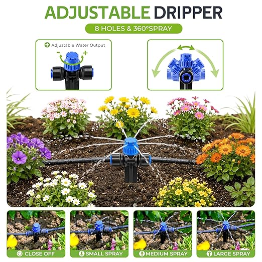 HIRALIY 100FT Drip Irrigation Kit with Timer, Quick-Connect Garden Watering System with 80FT 1/4" Tubing, 20FT Main Hose, 24 Adjustable Drippers for Raised Beds, Lawn & Greenhouse
