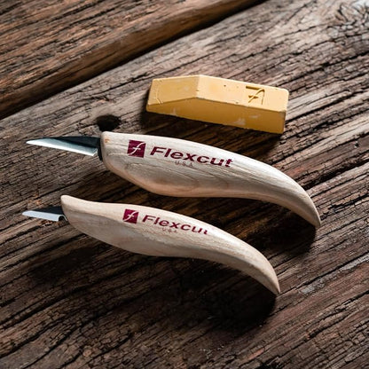 Flexcut Whittler’s Knife Kit (KN300) 2-Piece Set with KN13 & KN27 High-Carbon Steel Blades, Ergonomic Ash Wood Handles, Gold Polishing Compound, 5.2 oz, Made in USA