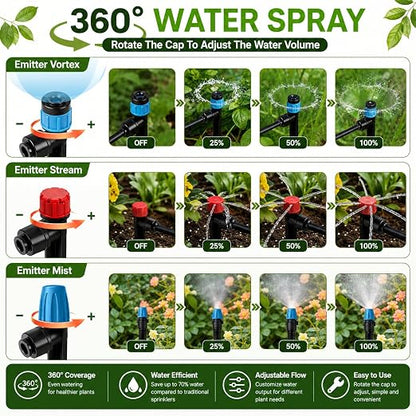 300FT Drip Irrigation System Kit, Quick Push-to-Connect Auto Garden Watering Irrigation System with 70FT 1/2'' & 230FT 1/4'' Tubing, Adjustable Dripper Sprayers for Raised Bed, Lawn, Greenhouse