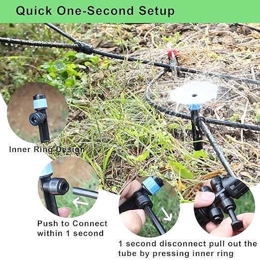 250FT Drip Irrigation System Kit, 50FT 1/2" Main Tube & 200FT 1/4" Tubing, Quick Connect Design, Brass Splitter, Adjustable Emitters & Misting Sprayers for Garden, Lawn, Raised Beds, Outdoor Plants