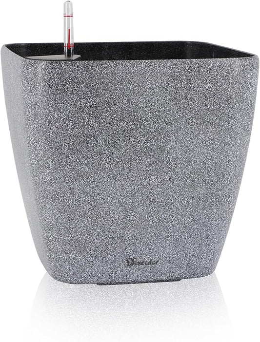 Dexceder 15x14 Self Watering Planter with Wheels (Stone Matte) | Inner Mat Design, Thickened Large Floor Standing Flower Plant Pot with Water Level Indicator Indoor Outdoor