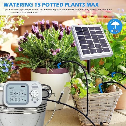 Solar Drip Irrigation System, 490 Timer Modes, 50FT Automatic Plant Watering Kit for 15 Potted Plants, IP67 Waterproof Auto Solar Irrigation Indoor and Outdoor Use for Garden,Balcony, Patio