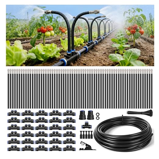 100Ft 1/2" Tubing High-Flow Drip Irrigation System, 360° Adjustable Garden Watering System with 60 Nozzles, Dual-Side Watering Kit for Raised Beds, Greenhouses & Efficient Plant Irrigation