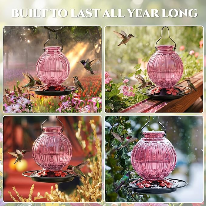 Glass Hummingbird Feeder for Outdoors Hanging, 26Oz Bird Nectar Feeder with Perch & 5 Flower Feeding Ports, Leak Proof for Outside Garden Decor Backyard, Gifts for Women Mom, Pink