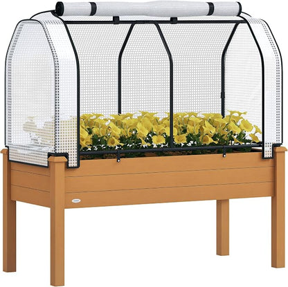 Outsunny Raised Garden Bed with PE Greenhouse Cover Outdoor Elevated Wood Planter Box for Herbs and Vegetables, Use for Patio, Backyard, Balcony, 48 x 22 x 46 inch, Sand