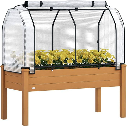 Outsunny Raised Garden Bed with PE Greenhouse Cover Outdoor Elevated Wood Planter Box for Herbs and Vegetables, Use for Patio, Backyard, Balcony, 48 x 22 x 46 inch, Sand