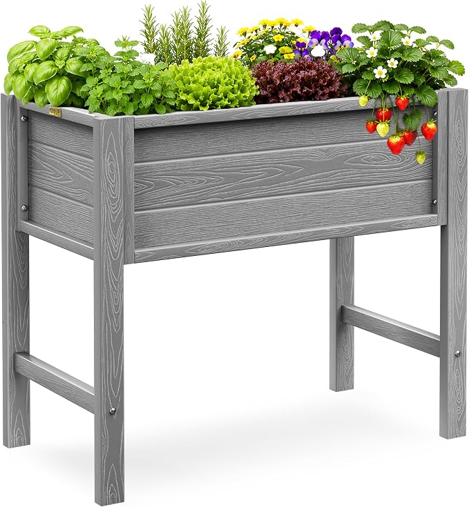 YEFU 34" Small Garden Planter, Wood-Look HIPS Compact Planter Box, Grey | Small Garden Planter for Balconies, Patios & Porches, Wood-Look HIPS, 30" Height, Drainage, 385 lbs Support for Herbs