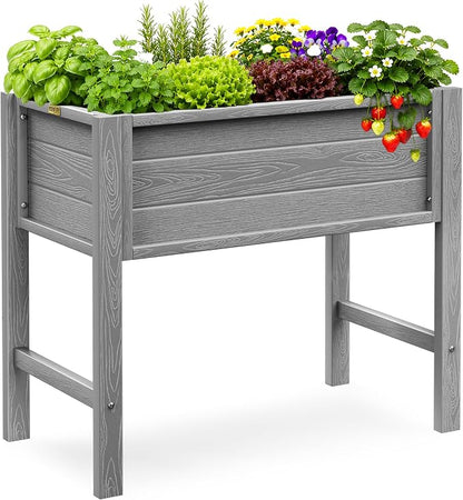 YEFU 34" Small Garden Planter, Wood-Look HIPS Compact Planter Box, Grey | Small Garden Planter for Balconies, Patios & Porches, Wood-Look HIPS, 30" Height, Drainage, 385 lbs Support for Herbs