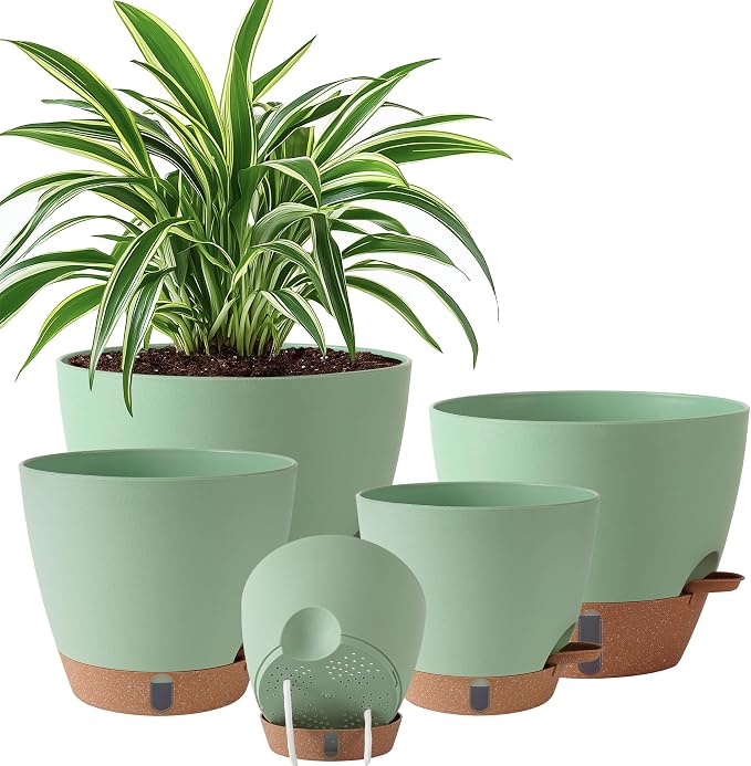 Self Watering Pots for Inoor Ourdoor Plants 10/9/8/7/6.5 Inch Plastic Planters with Drainage Holes & Water Level Indicator, Decorative House Flower Nursery Planting Pots with Saucers(Green)