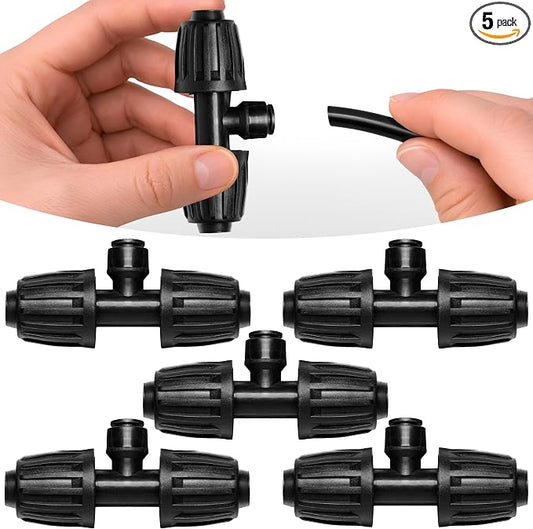 Carpathen Drip Irrigation Parts - 5PCS 1/2" to 1/4" Barbed Tee Quick Connector - Lock Reduced 1-Way T Connector - Drip Irrigation Fittings