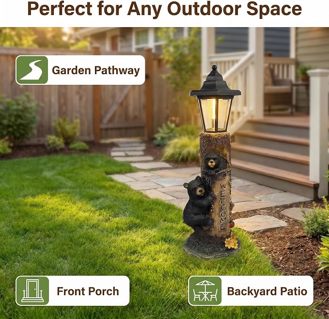Brown Bear Statue for Garden with Solar Lights, 19 Inch Resin Bear Cubs Welcome Sign Outdoor Decor, Solar Powered Auto On/Off LED, Weather Resistant Yard Lawn Patio Cabin Figurine