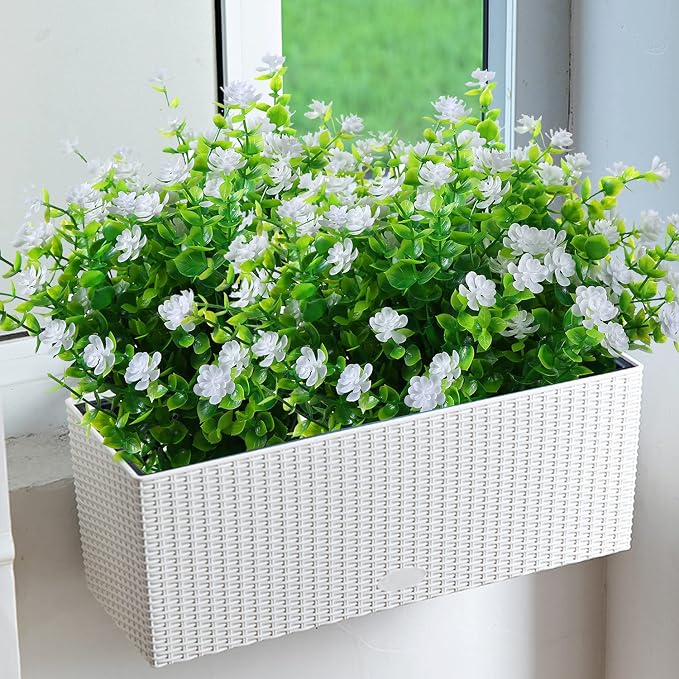 XLFAQXM Artificial Plants Flowers Grass Shrubs 8 Pack No Fade Faux Plastic Flowers Outdoor for Vases Farmhouse Garden Porch Patio Office Indoor Wedding Decoration Greenery Fake Plants (2#White)