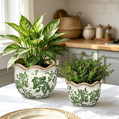 Hollyone 2 Pack Ceramic Planter Green Vintage Ceramic Pot 5.5 + 6.6inch Decorative Flower Plant Pot with Drainage Hole Crackle Glaze for Indoor Outdoor Tuscan Decor Home Living Room Garden Decor