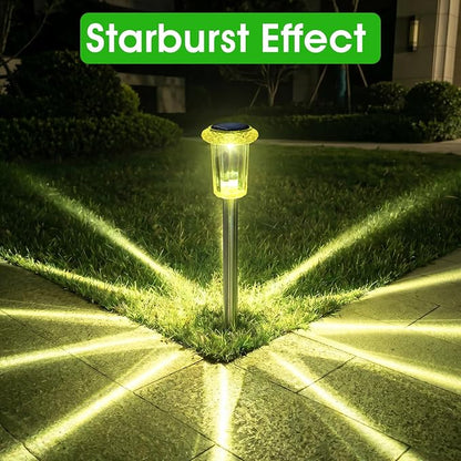 Eyrosa Solar Outdoor Lights Starburst Pattern, 10 Pack High-Visibility Lemon Yellow Housing, Waterproof Stainless Steel Solar Stake Lights for Pathway Garden Yard Walkway Driveway Lawn Outside Decor