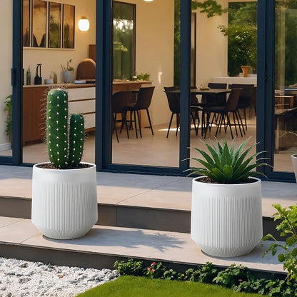 Plant Pots，Set of 2 Plastic Large Pots for Indoor Plants,Flower Pots Outdoor Planters with Drainage Hole and Seamless Saucer,(White 12Inches)