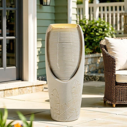 32" H Outdoor Garden Fountain with LED Lights, Modern Ceramic Jar Water Fountain, 3D Tropical Leaf Pattern, Beige Glaze, Soothing Cascading Waterfall for Relaxing Patio, Yard, Porch